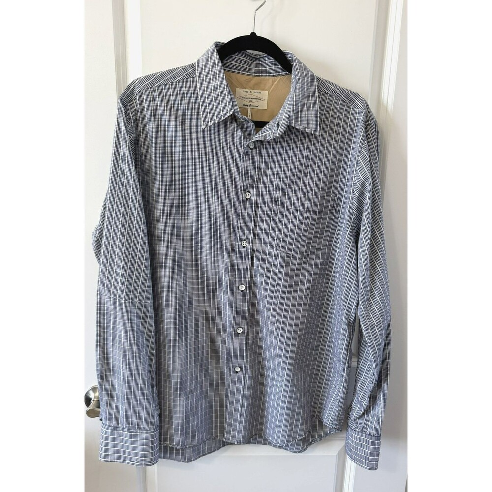 Rag & Bone Mens Tailored Plaid Button Up Shirt Black White Metal Buttons XL NWOT